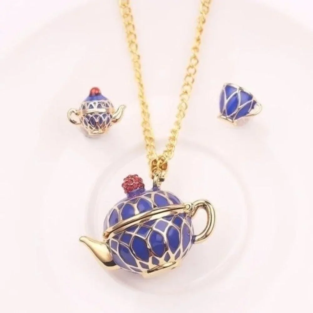 Tea pot necklace & earrings set enamel - Picture 6 of 7